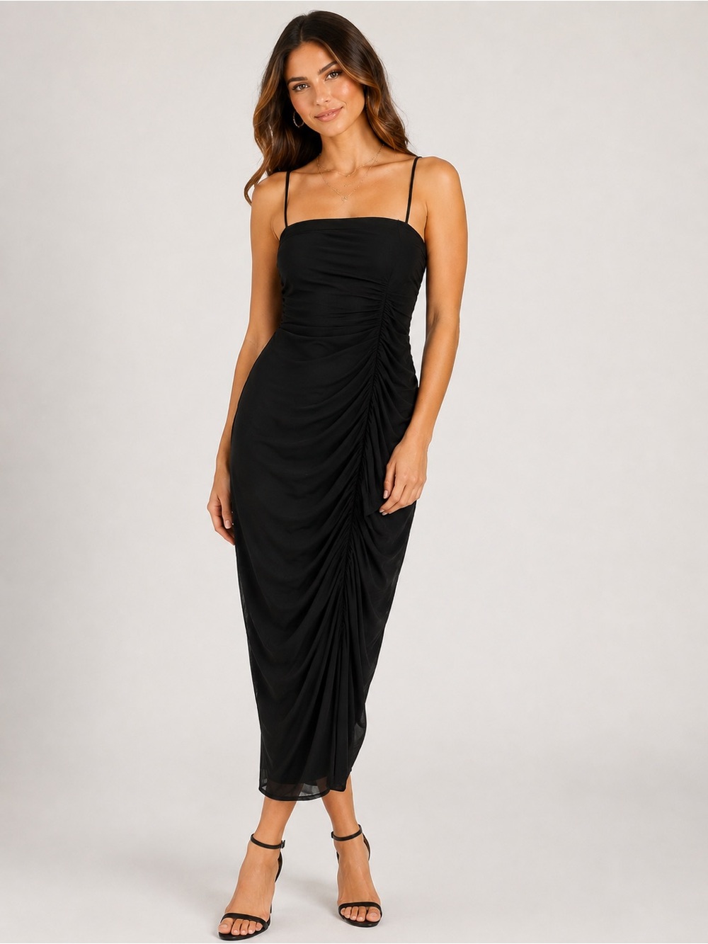 Windsor Black Ruched Spaghetti-Strap Midi Dress